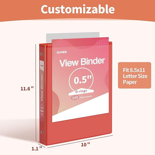 SUNEE 1/2 Inch Binders 3 Ring 6 Pack, 3 Ring Binders Half Inch Clear View PVC-Free (Fit 8.5x11 Inches) for School Binder or Office Binder Supplies, Classic 6 Colors