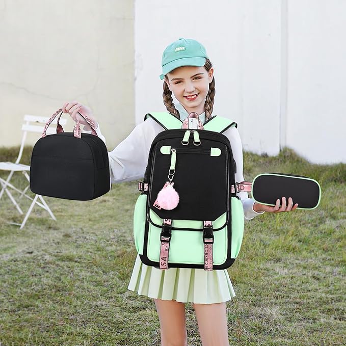 Bevalsa School Backpack for Girls, Backpack with Lunch Box & Pen Case, Bookbag for Girls Kids Elementary Middle High School Student 21L Children Schoolbag (Black Green)