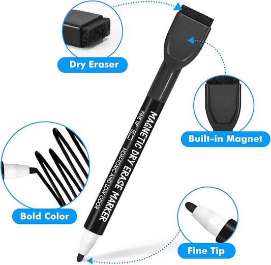 maxtek 36 Count Black Dry Erase Markers - Fine Tip Magnetic Thin Markers with Eraser, Low Odor Whiteboard Markers for Calendar Boards