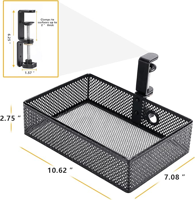 Mesh Desk Organizer and Clamp-on Swivel Pencil Drawer, Desk Hidden Extra Sturdy C-Clamp Mount System and Easy to Instal, Home Office Art Supply Storage Box (Black)