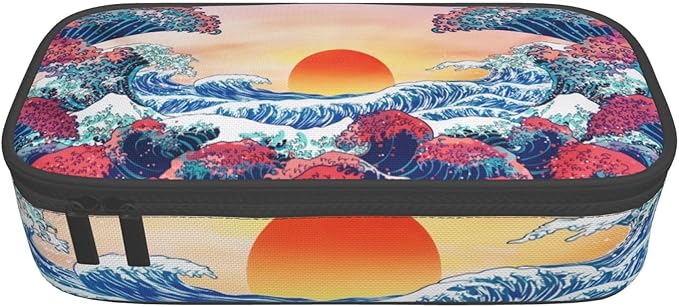 Japanese Ocean Waves Large Pencil Case With Zipper Compartments Stationery Pencil Bag For Kids Teens Students School Supplies