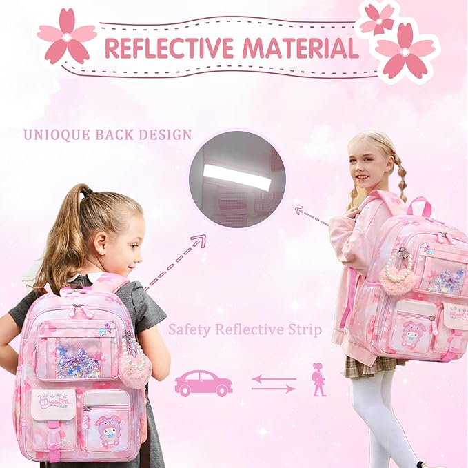 Lovely Girls Backpack School Bag for Students Kids Book Bag with Multiple Pockets Splash-proof Children's Backpack(17inch Pink)