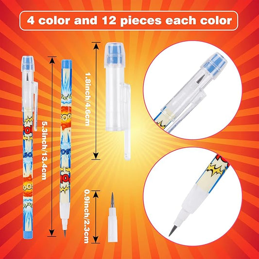 Kolewo4ever 48 Pcs Hero Pencils Translucent Pencil Multipoint Non Sharpening Stackable Pencils Pop Up Plastic Pencils Pow! Snap! Wham! Bang! Pencil for Party Favors