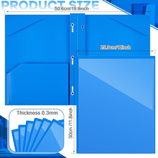 Henoyso 100 Pcs Plastic Folder with Clear Front Pocket and 3 Prong Plastic Folders with Card Slot Pocket Folders with Prongs for School Office (Blue)