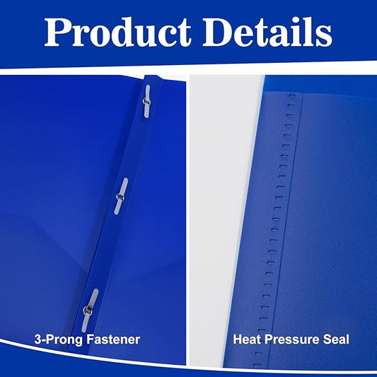 60-Pack Plastic Folders with Pockets and Prongs,2-Pocket Folders with 3 Fasteners, Poly Folders Holds 8-1/2" x 11" Paper for School/Office/Home, Blue