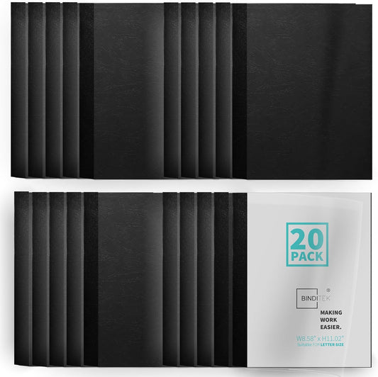 Binditek 20 Pack Thermal Binding Presentation Covers, 3/16 Inch Spine, Holds 40 Sheets, Ultra Clear Front Cover, Black Paper Back Cover, Letter Size, for Students and Coworkers