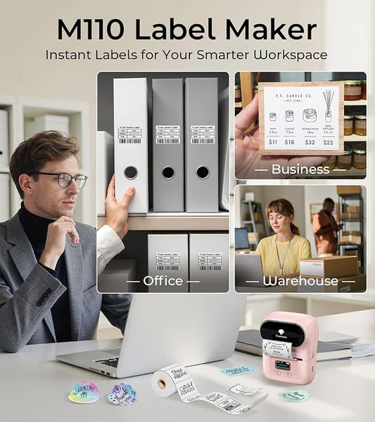 Phomemo Thermal Label Maker - M110 Barcode Label Printer Portable Bluetooth Labeler Maker Machine for for Small Business, Address, Logo, Clothing, Mailing, with 40x30mm Label, Pink