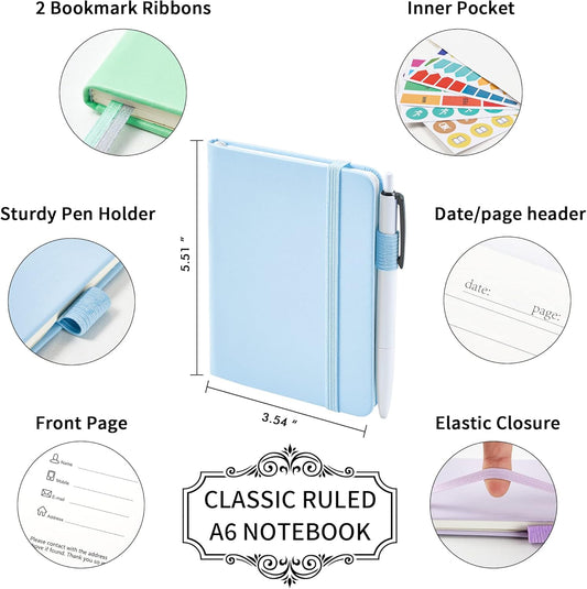 feela 3 Pack Pocket Small Notebook Journals, Mini Cute Hardcover College Ruled Notepad Women Office Supplies, with 3 Black Pens, 3.5”x 5.5”, A6, Pastel Colors, Light Blue, Light Purple, Light Green