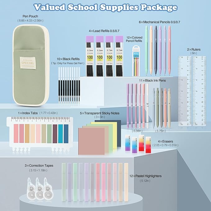 MoKo 60Pcs Aesthetic School Supplies with Cute Pencil Case,12 Pastel Highlighters,5 Black Ink Gel Pens,6 Mechanical Pencil Set 0.5 & 0.7 mm for Students Stationary College Essentials