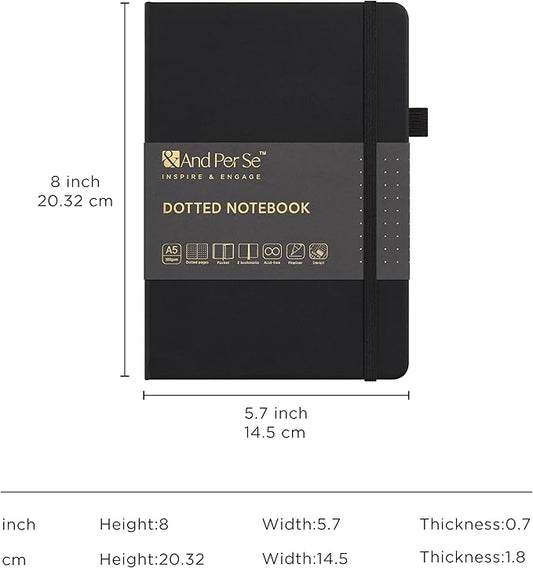 &And Per Se Bullet Dotted Journal Notebook, A5 Leather Hardcover, 176 Numbered Pages 100GSM Thick Dotted Paper, 2 Sheets of Stencils Included - 5.7'' x 8'' (Black)