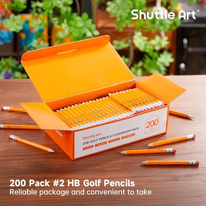 Shuttle Art 200 Pack Golf Pencils With Erasers, #2 HB Pencils Bulk, 3.5” Mini Pencil, Pre-Sharpened Small Pencil for Kids Teachers Classroom Games, Back to School Supplies