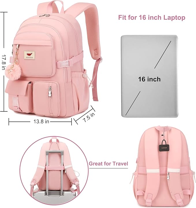 LXYGD Laptop Backpack 15.6 Inch Kids Elementary Middle High School Bag College Backpacks Anti Theft Travel Back Pack Large Bookbags for Teens Girls Women Students (Pink)