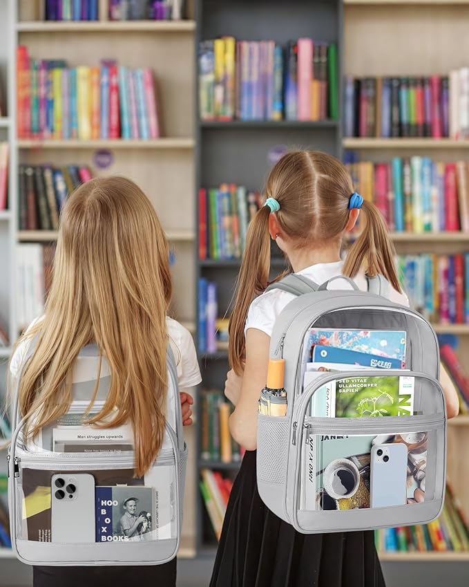 Clear Backpack, Heavy Duty Transparent Bookbag for School, Fabric & PVC Transparent Backpack with Reinforced Strap for Women Men, Capacity Clear Bag for College, Travel, Security, Grey
