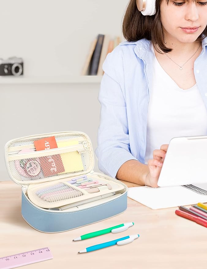 SUNEE Large Pencil Case, Cute Pen Pouch, Aesthetic Zipper Stationery Bag Large Capacity Kawaii Pen Organizer, Blue, Bag Organiser