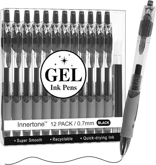 Innertone Black Gel Pens,12 Pcs Retractable Fine Point 0.7mm with 4 Refills,Black Pen,Featuring Smooth Writing and Quick-Drying Ink, Suitable for Women, Men, Journaling, School, and Office Use