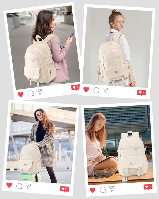 School Backpack for Teen Girls, 15.6 Inch Laptop Backpack Women Kids Bookbag for Middle High School Cute College Bag for Students, Beige