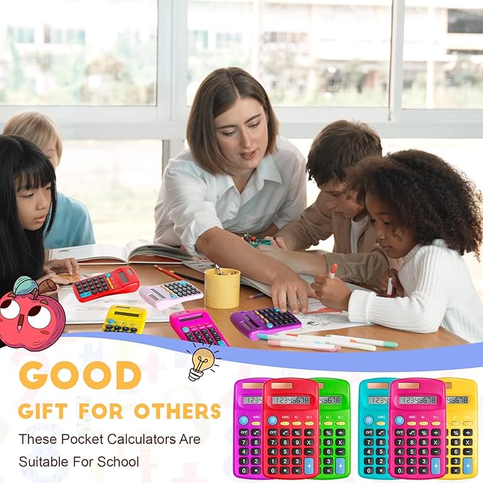 36 Packs Pocket Size Mini Calculator Basic Calculators for Handheld Angled Students 8 Digit Display Solar Battery Dual Power Small Calculator for Students Kids Home Office (12 Colors)