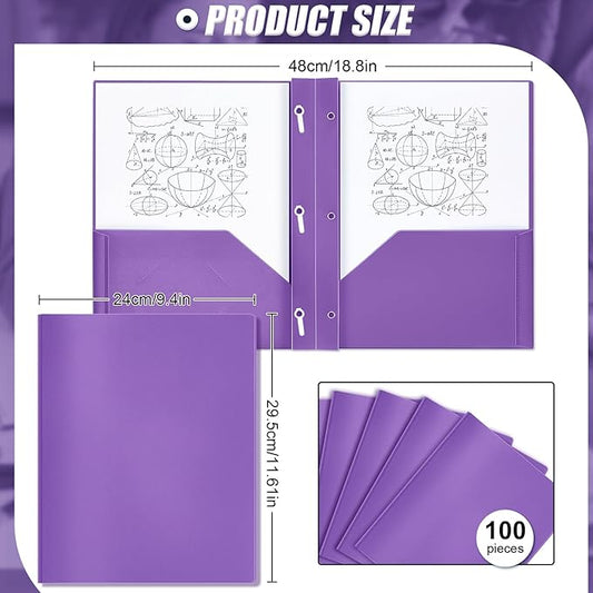Lincia 100 Pcs Plastic Folders with Pockets and Prong Folders with Prongs Plastic Folders with 2 Pockets Pocket Folders for Office, School for Students, Teachers, Office Workers (Purple)