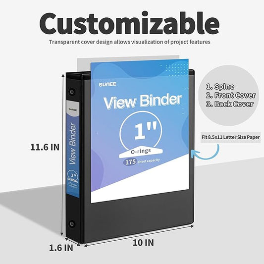 SUNEE 3 Ring Binder 1 Inch 12 Pack, Clear View Three Ring PVC-Free (Fit 8.5x11 Inches) for School or Office Supplies, Black