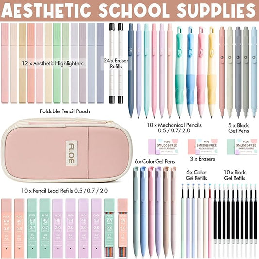 65PCS Aesthetic School Supplies with Cute Pencil Case, Pastel Highlighters Gel Pens Mechanical Pencils Set 0.5 0.7 & 2.0mm, Office Back to School Supplies College Essentials Kit Student Stationary Set