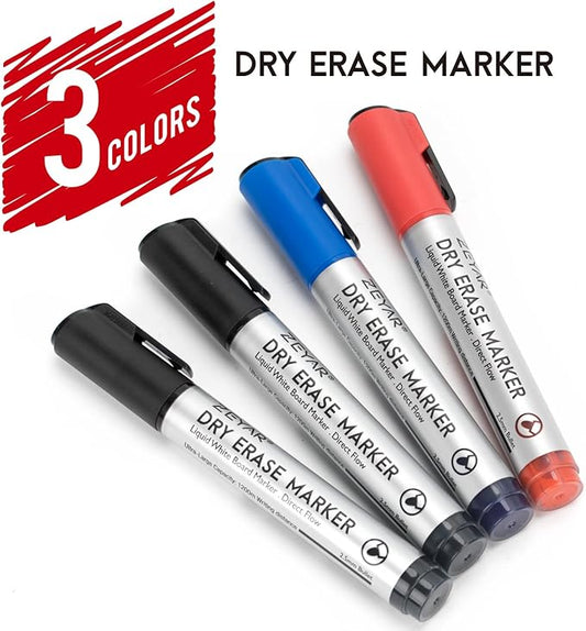 ZEYAR Dry Erase Marker Low-Odor Bullet Tip, Ultra-Large Capacity, Advanced Direct Flow Structure, Whiteboard Marker for School, Office, Home, 4 Count (2 Black,Blue,Red)