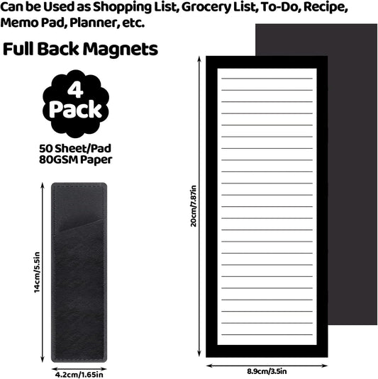4 Pack Magnetic Note Pad for Fridge with Pen Holder, Totally 200 Sheets Magnetic To Do List, Shopping List, Grocery List, Memo Pads for Refrigerator(Black Border)