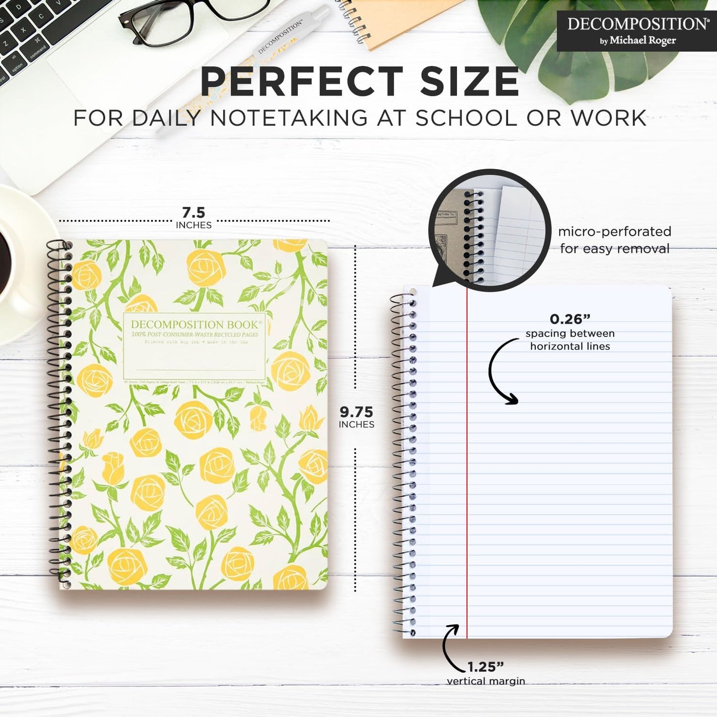Decomposition Roses College Ruled Spiral Notebooks – 9.75 x 7.5 Journal with 160 Lined Pages – Cute Notebooks for School Supplies, Home & Office – 100% Recycled Paper – Made in USA