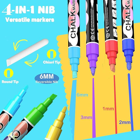 Liquid Chalk Markers for Blackboard, 24 colors Erasable Chalk Markers Pen for Windows, Glass, Chalkboard, Blackboard, Auto, Mirror, Calendar - 6mm Reversible Bullet&Chisel Tip &36pcs Chalkboard Lables