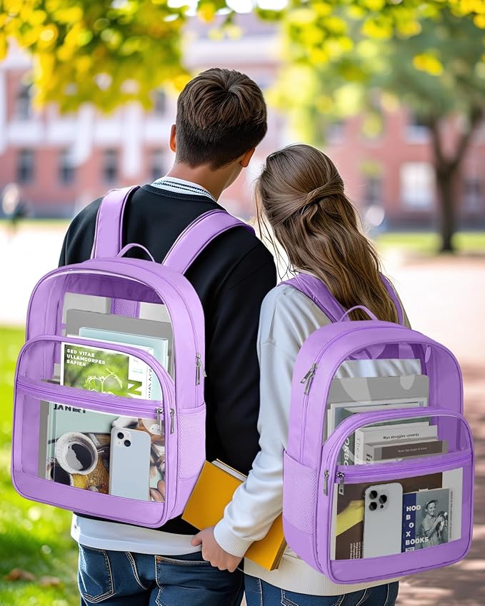 Clear Backpack, Heavy Duty Transparent Bookbag for School, Fabric & PVC Transparent Backpack with Reinforced Strap for Women Men, Capacity Clear Bag for College, Travel, Purple