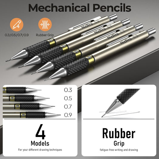 Nicpro 37PCS Gold Art Mechanical Pencil Set, 4PCS Metal Drafting Pencil 0.3/0.5/0.7/0.9 mm & 2PCS 2mm Lead Holder (6B 4B 2B HB 2H 4H) School Supplies for Sketching Drawing with 23 Tube Lead Refills