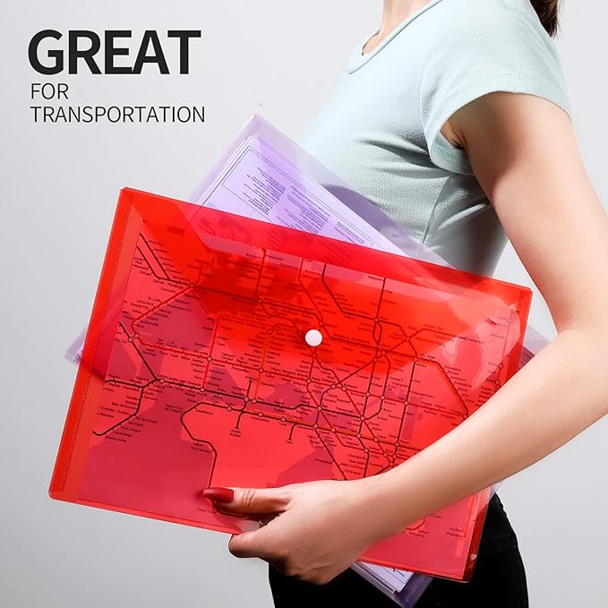 LEOBRO Plastic File Folders, 12 PCS A4 Plastic Envelopes with Snap Closure, Folders for Document, Reusable File Bags, Document Holder, for School Office