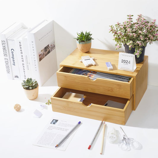 Bamboo Desk Organizer with Drawers, Countertop Organizer with Drawers Makeup Storage Drawer 2 Drawers Tabletop Storage Organization Box Home Office Workspace Bathroom Toiletries Supplies