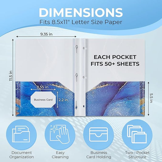 6 Pack Marble Design File Folders with Pockets - Plastic Folder with 2 Pockets & a Business Card Holder, Durable File Folders for Documents, School, Office & Home (Folder with Pockets (with Prong))