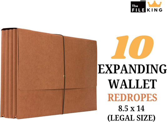 The File King Expanding File Wallet - Legal Size, 10 Redropes | USA Made | 3.5” Expandable File Folders | Redwell Folders Legal Size Wallets | Red Rope Expanding File Folder with Flap & Elastic Cord