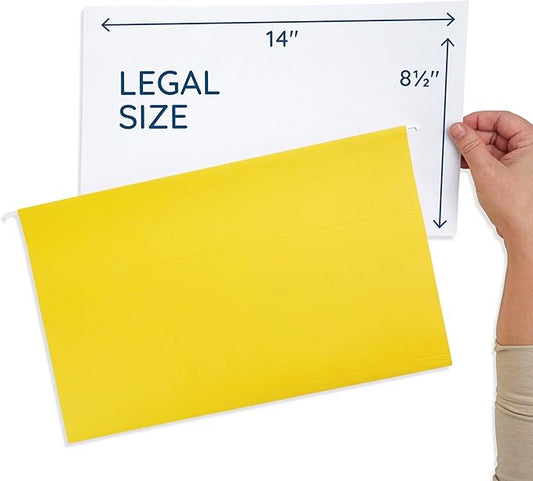 25 Blue Summit Supplies Yellow Legal Size Hanging File Folders - Durable 11pt Paper, Hanging Legal File Folders Yellow with Plastic Tabs and Inserts, Legal Size