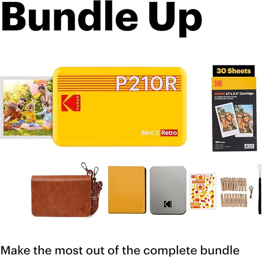 KODAK Mini 2 Retro 4PASS Portable Photo Printer (2.1x3.4 inches) Initial 8 Sheets + 30 Sheets + Gift Bundle, White