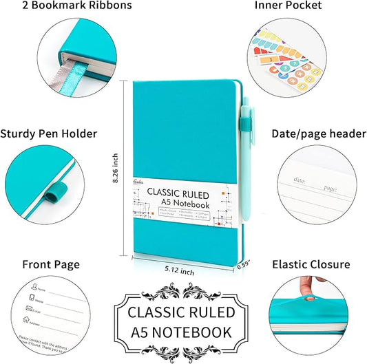 24 Pack Journal Notebook for Work, Feela Business Notebook Bulk Hardcover Lined Writing Journal with Pen Holder for Men Women Note Taking, with 24 Black Pens, 120 GSM, 5.1”x8.3”, A5, Emerald