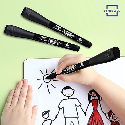 Scribbledo Magnetic Dry Erase Markers Fine Tip Black Color Low Odor Whiteboard Markers with Eraser Cap Thin Skinny White Board Markers for Adults Students Teachers Kids Art Home & School (4 Pack)