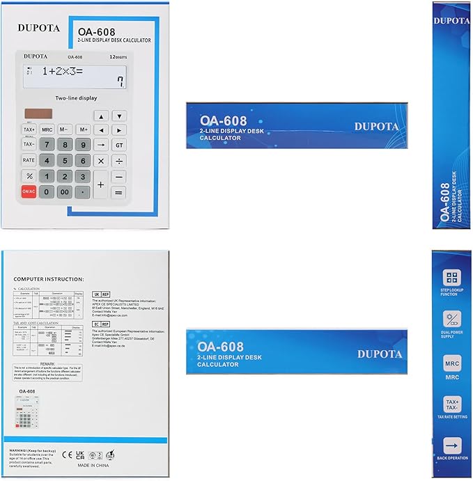 Desktop Calculator Large Display Big Buttons with 12 Digits 2-line LCD, Dual Solar Power and Battery, Calculator with Tax and Check Function for Office, Home, School and Business Large Size(OA-608)
