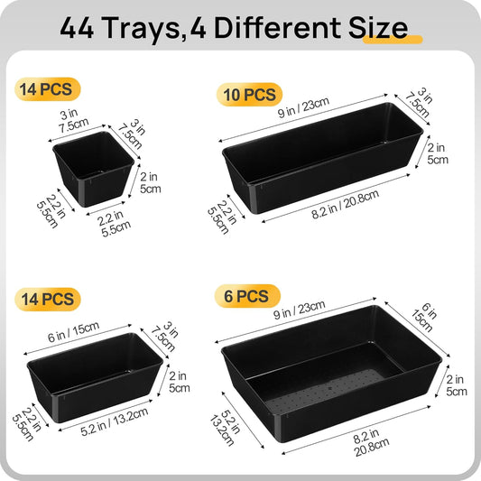 Vtopmart 44 PCS Plastic Drawer Organizers Set, 4-Size Versatile Bathroom and Vanity Organizer Trays, Non-Slip Storage Containers for Makeup, Jewelries, Bedroom,Kitchen Utensils and Office, Black