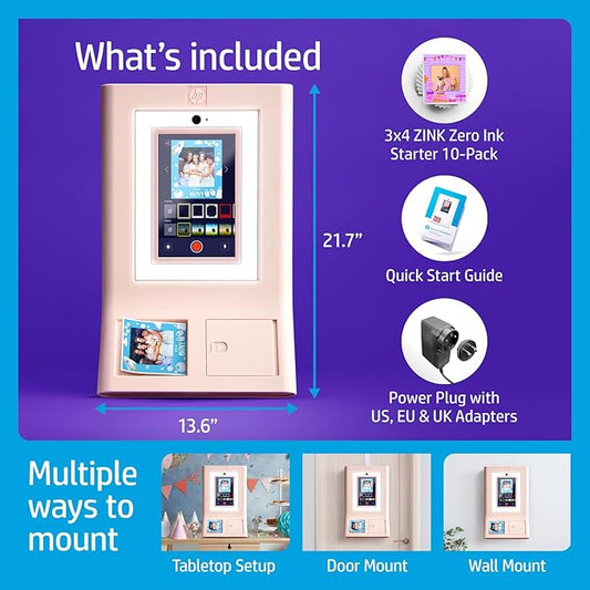 HP Sprocket Photo Booth Machine Instant Color Photo Printer - 10.1" Touchscreen Photobooth, LED Ring Light - Customize w/ 250+ Frames, Prints on 3x4 Zink Paper or Share via QR Code, Mobile App - Pink