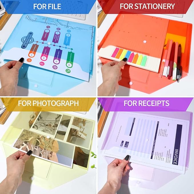 LEOBRO File Folders for Documents, 4 Pcs Plastic Folders with Pocket, Plastic Envelopes with Snap Closure, Reusable File Bags, for School & Office, A4 Size