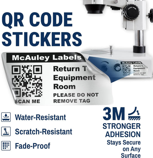 McAuley Labels Custom QR Code Stickers - Numbered, Permanent, Adhesive Asset Tags for Equipment - Heavy Duty Metalized Polyester, Stronger Adhesive - 2x1 Inches