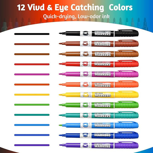 Dry Erase Markers, Fine Tip Whiteboard Marker, Low Odor Dry Markers with Pen Clip, Fine Point Maker, 36 pack 12 Assorted Colors Markers for Students/Teachers
