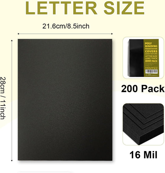 HOUYEE 200 Pack 16 Mil Poly Binding Covers,Sand Texture Binding Presentation Covers,8.5x11 Inches,Letter Size,Black,Square Corners,Un-Punched