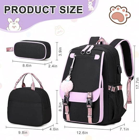 Bevalsa School Backpack for Girls, Backpack with Lunch Box & Pen Case, Bookbag for Girls Kids Elementary Middle High School Student 21L Children Schoolbag (Purple Black)