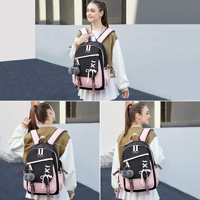 Teenage Girls Bookbag School Backpack Children Casual Daypack Schoolbag for Teens Black Pink