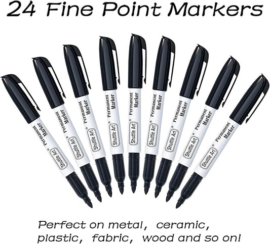 Shuttle Art 24 Black Permanent Markers Fine Tip Markers, Perfect on Plastic, Wood, Stone, Metal and Glass for Doodling, Coloring, Marking, School Supplies