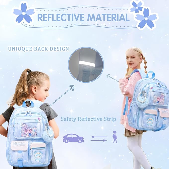 Lovely Girls Backpack School Bag for Students Kids Book Bag with Multiple Pockets Splash-proof Children's Backpack(17inch Blue)