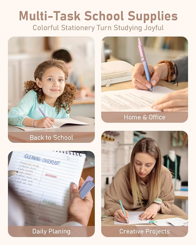 Four Candies 39 PCS Cute School Supplies with Pen Case for Girls - 5 Black Ink Gel Pens, 12 Pastel Highlighters, 6 Aesthetic Mechanical Pencils Set for Stationary College Essentials (Cream)